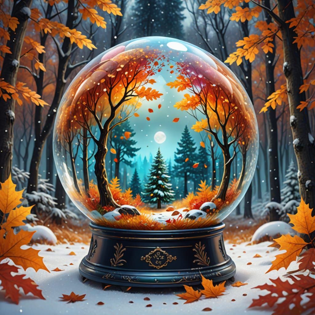 Autumn Forest in Snow Globe: A Magical Blend of Seasons