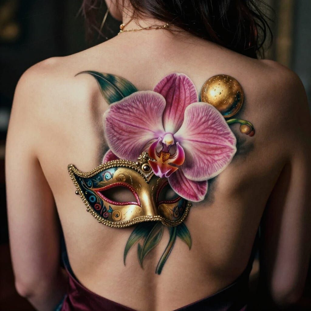 Realistic Tattoo Design: Orchid, Mask, and Golden Sphere
