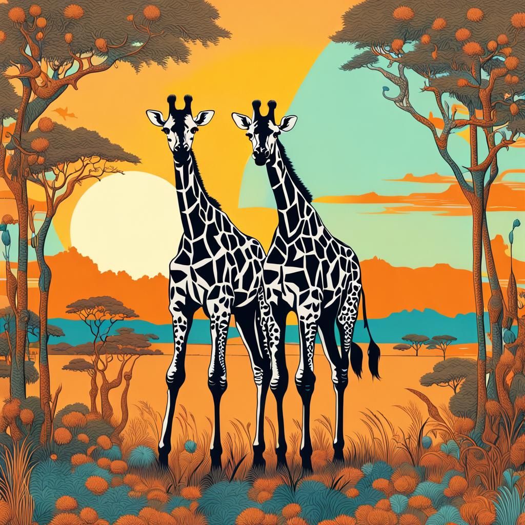 Giraffe in Savannah, Detailed Whimsical Portrait