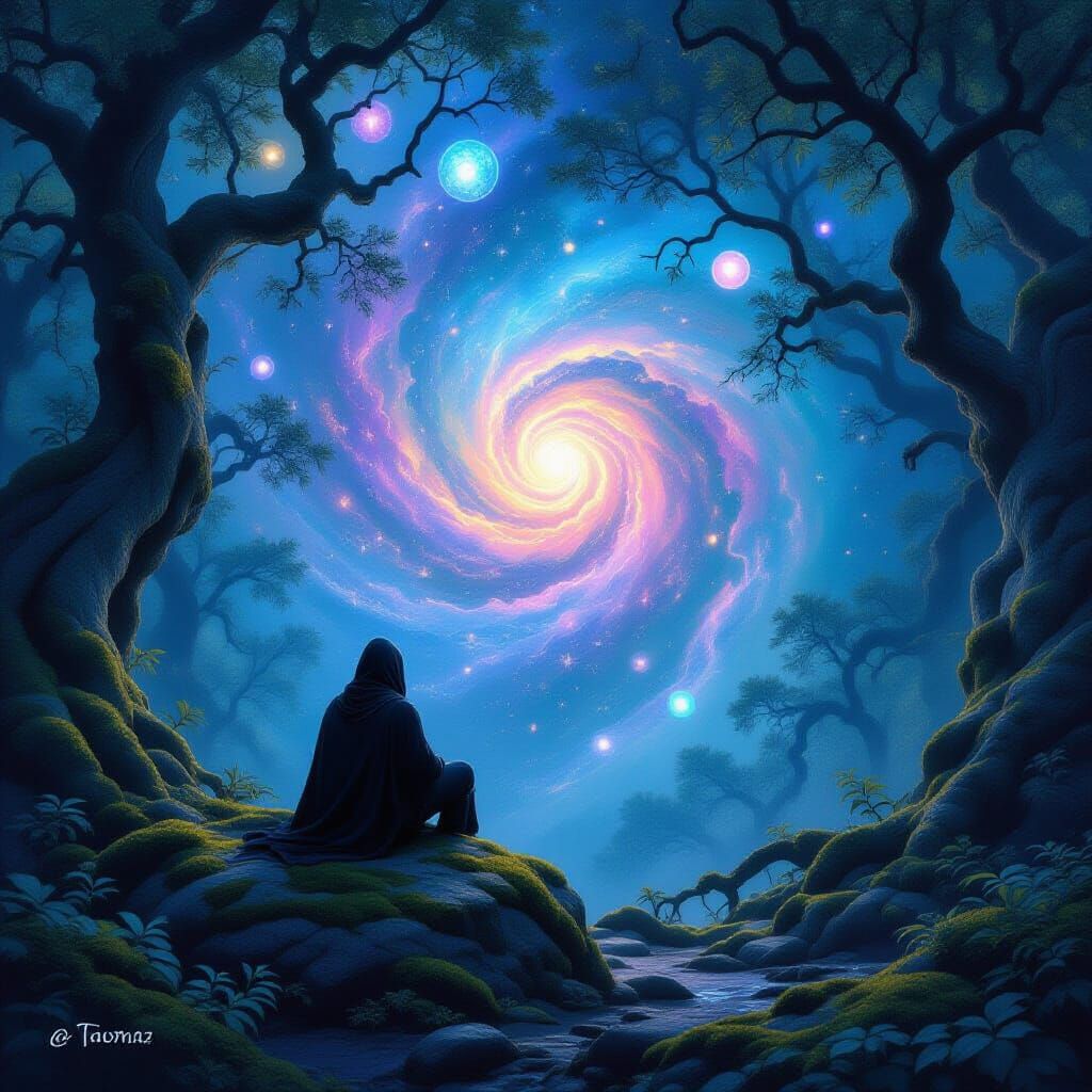 Figure Gazing into Cosmic Nebula Above Forest Canopy