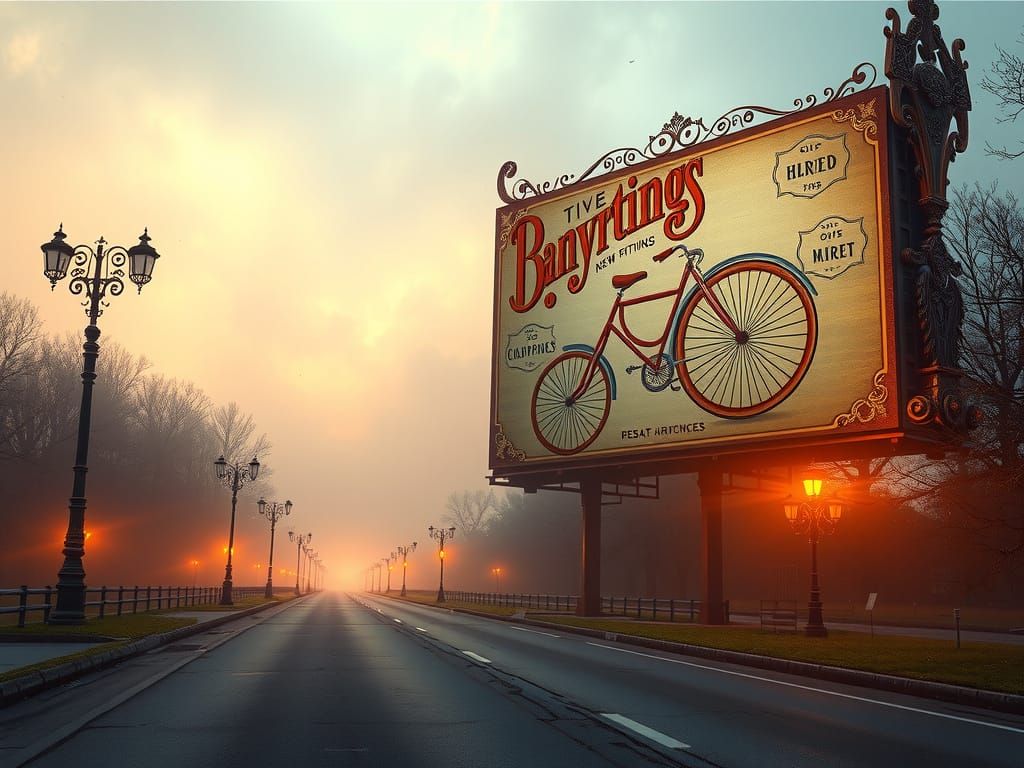 Victorian-Era Billboard in Golden-Hour Landscape