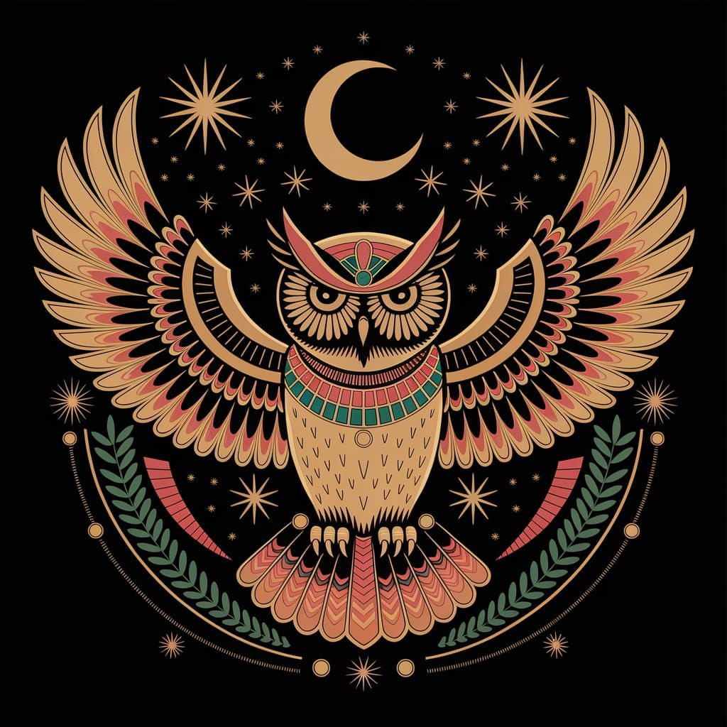 An owl with outstretched wings, adorned in ancient Egyptian ...