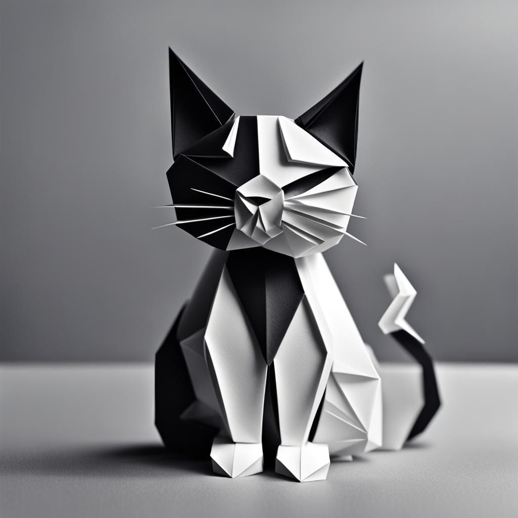 Colorful Origami Cat on Black and White Background