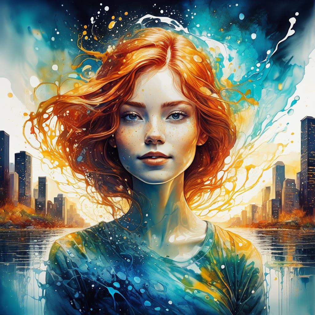 Redhead Woman in Vibrant City, Alcohol Ink Painting