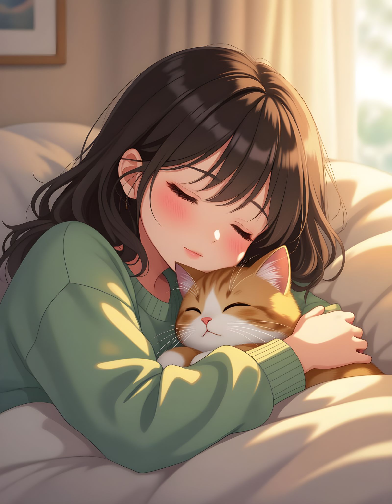 Realistic Anime Girl Sleeping with Teddy Cat