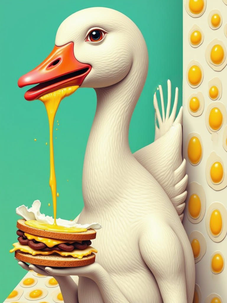 Surreal Goose Head with Sandwich in Pop Art Style