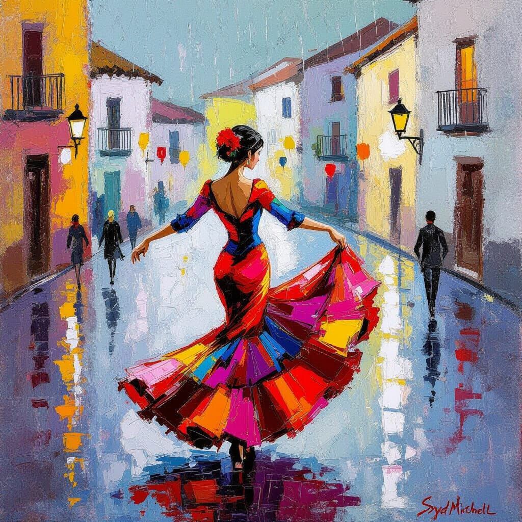 Flamenco Dancer in Rainy Plaza: Impressionistic Style