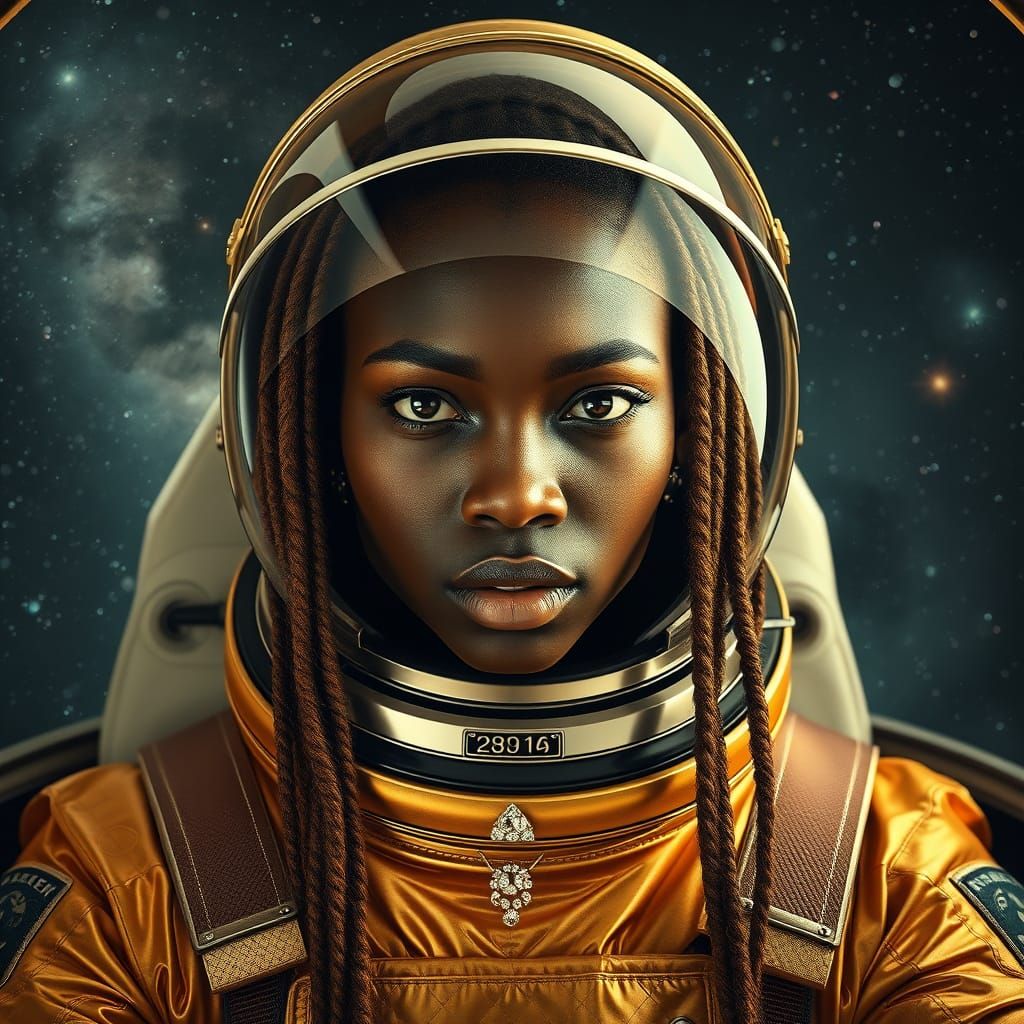 African Astronaut in Golden Space Suit, Long Hair in Luxurio...