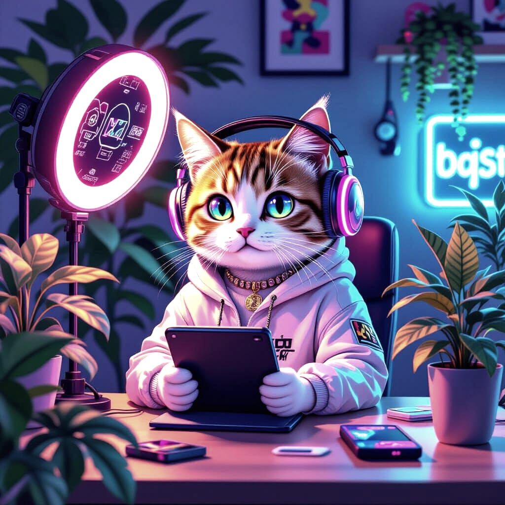 Gen Z Cat Vlogger in Hyperrealistic Vaporwave Style