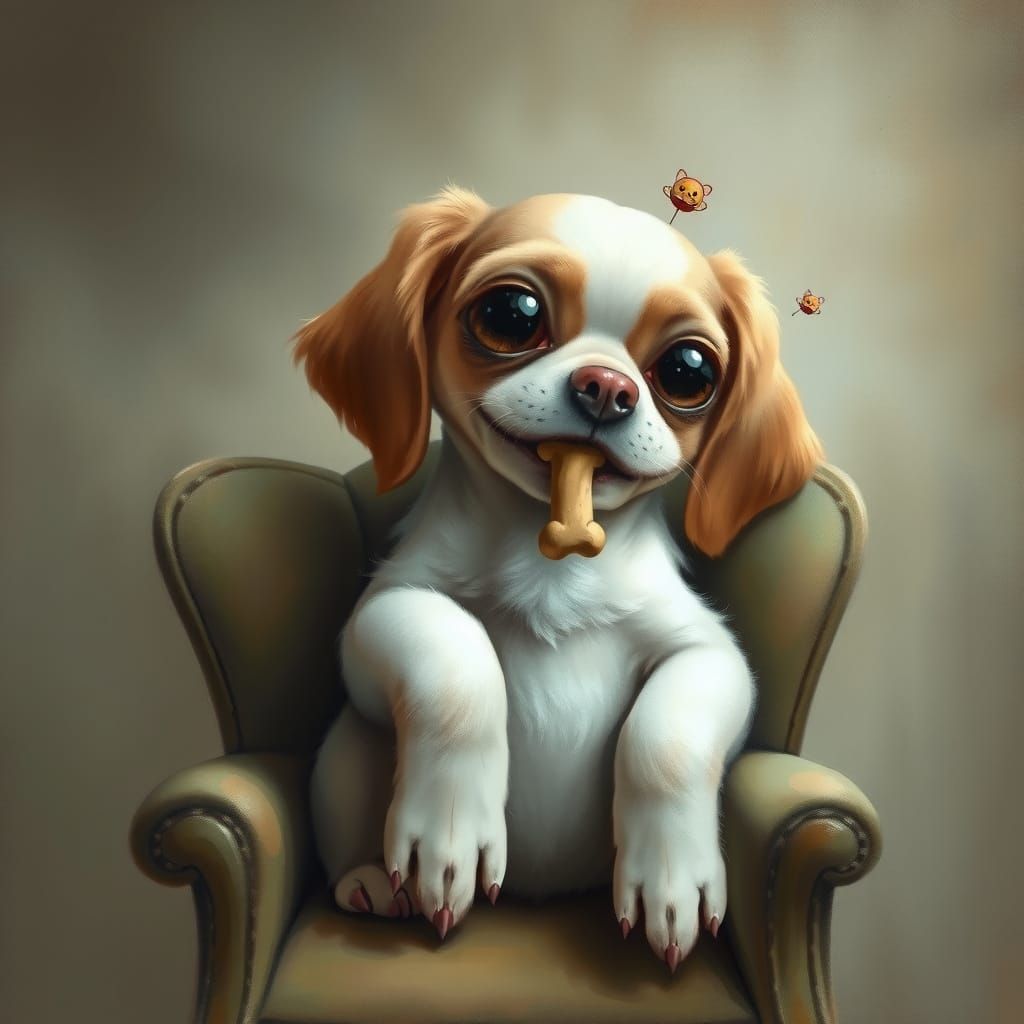 Surreal Floppy Dog with Bone: Whimsical Painting