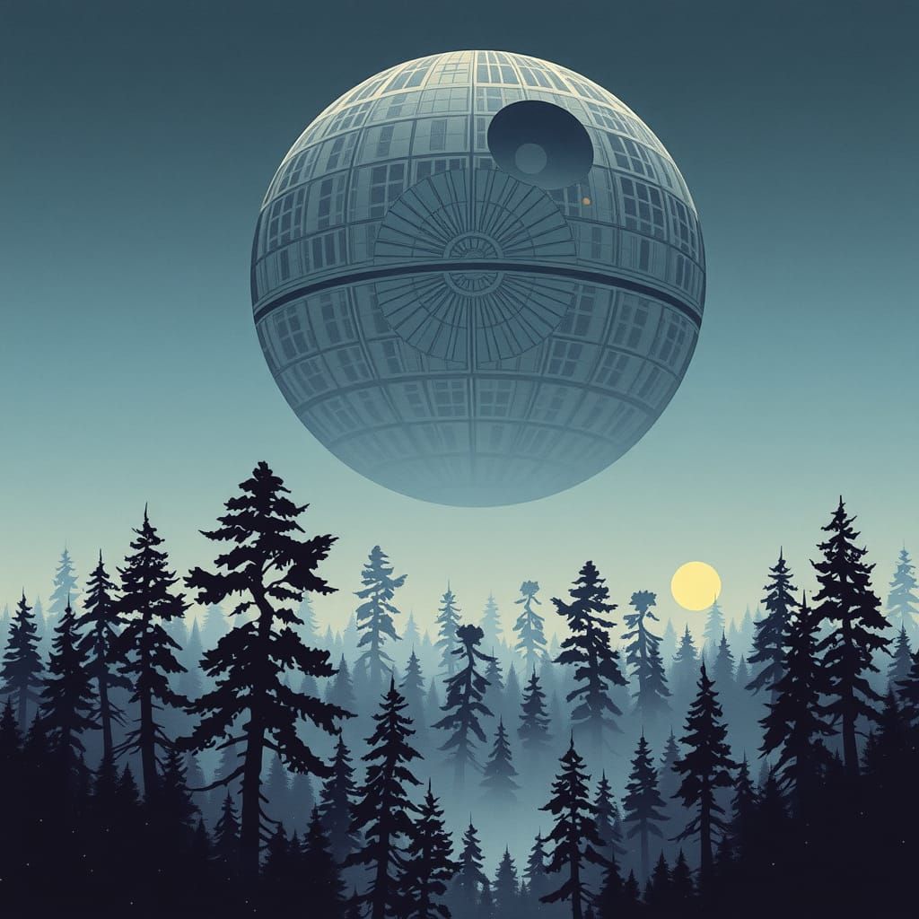 Death Star over Ewok Forest: Ukiyo-e Style