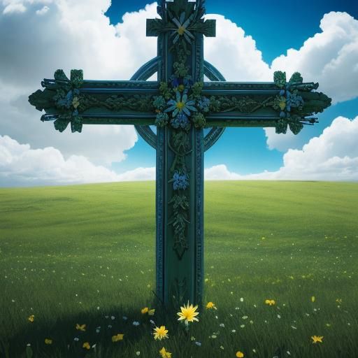 Easter Cross with Flowers in Hyperrealistic Style