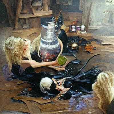 Gothic Witch Brews Love Potion: Oil Painting Style