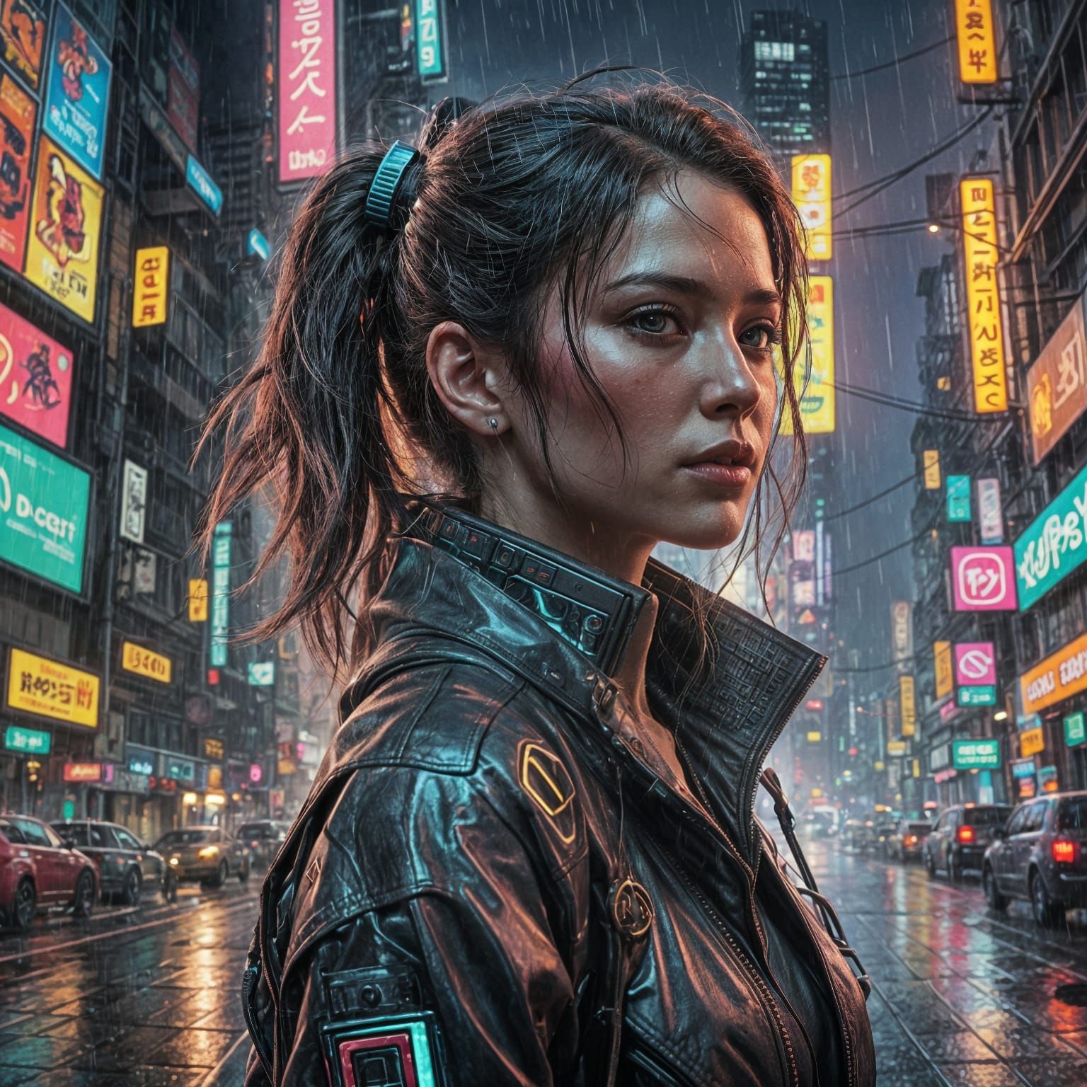 Cyberpunk Protagonist in Rainy City: Hyperrealistic Splash A...