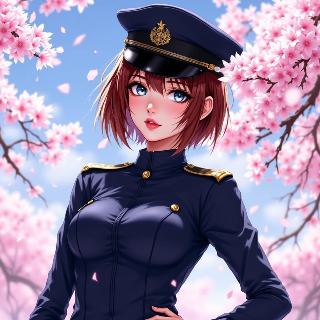 Anime Woman in Military Uniform with Cherry Blossoms