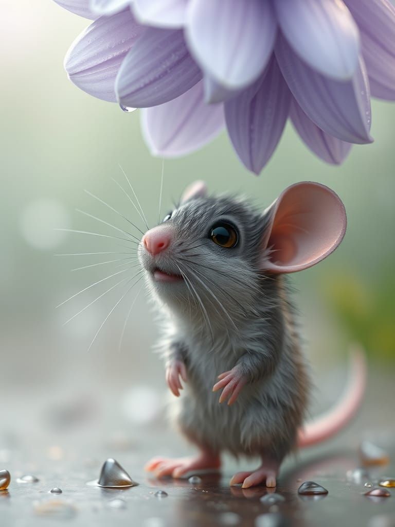Mouse Under Flower in Rainy Pastel Pixar Style