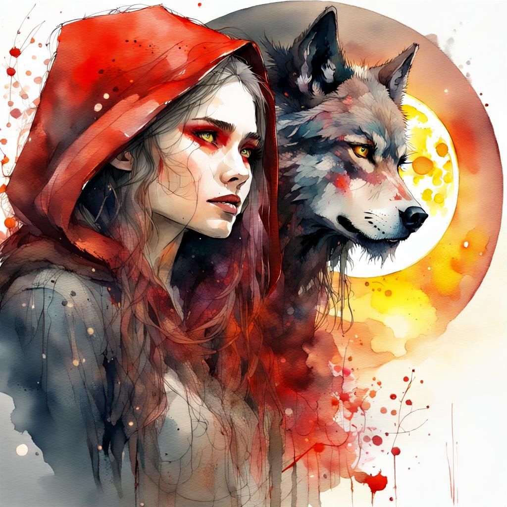 Red Riding Hood and Wolf in Digital Watercolor