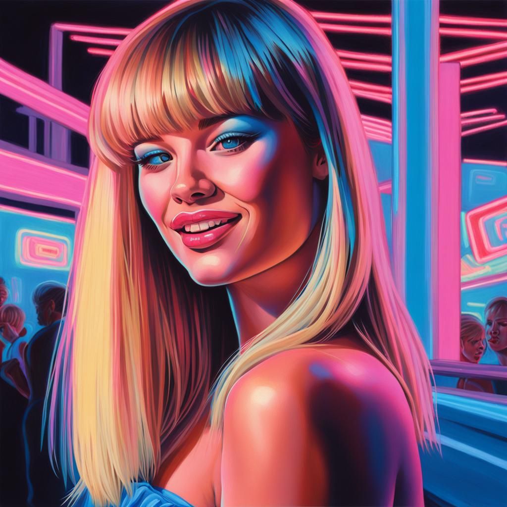 Vibrant Synthwave Goddess in Neon Blue Eyeshadow and Pastel....