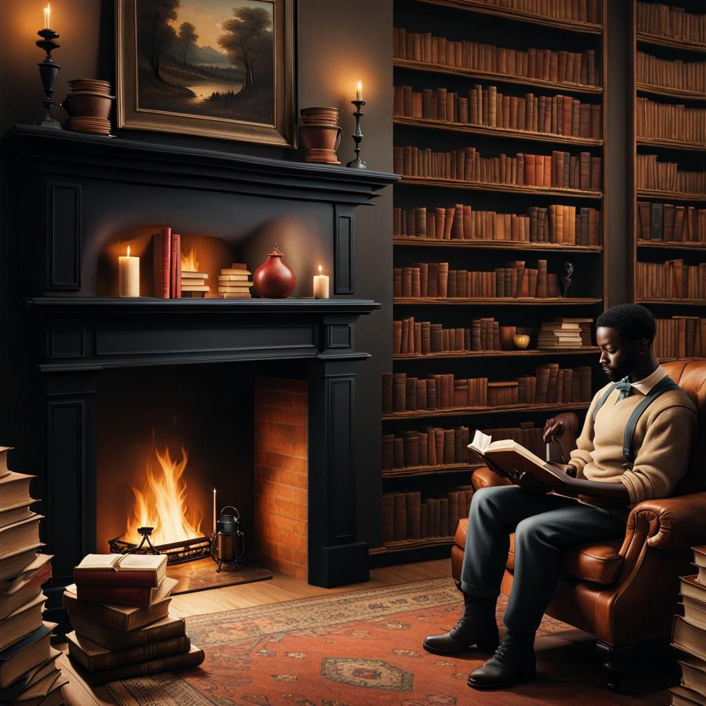 Nostalgic Reading Scene by Fireplace