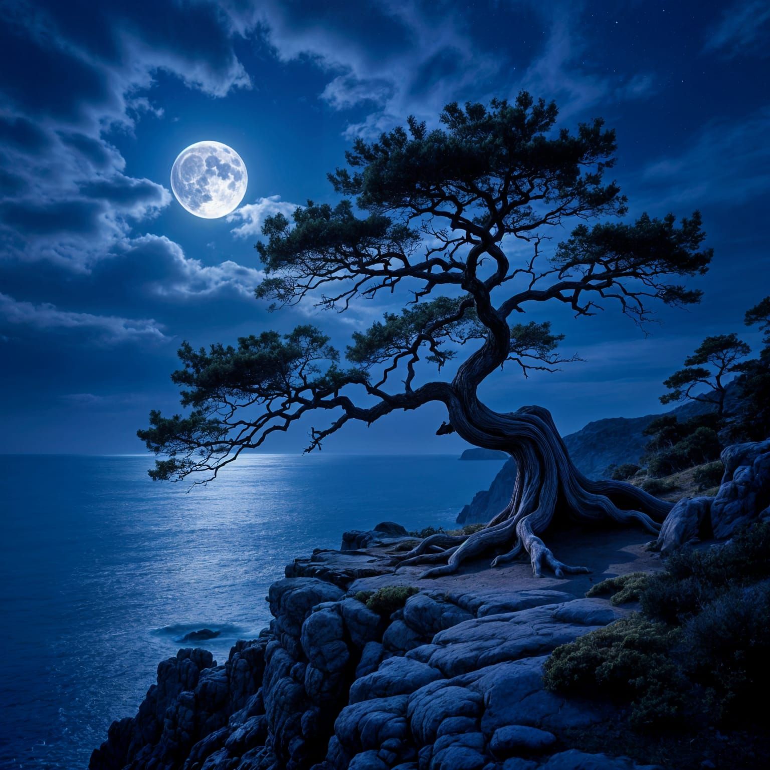 Ancient Oak on Windswept Cliff at Twilight