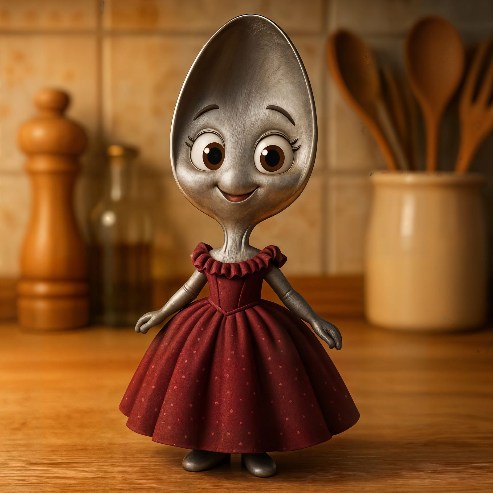 Cartoon Spoon Character in Fancy Dress, CGI Render