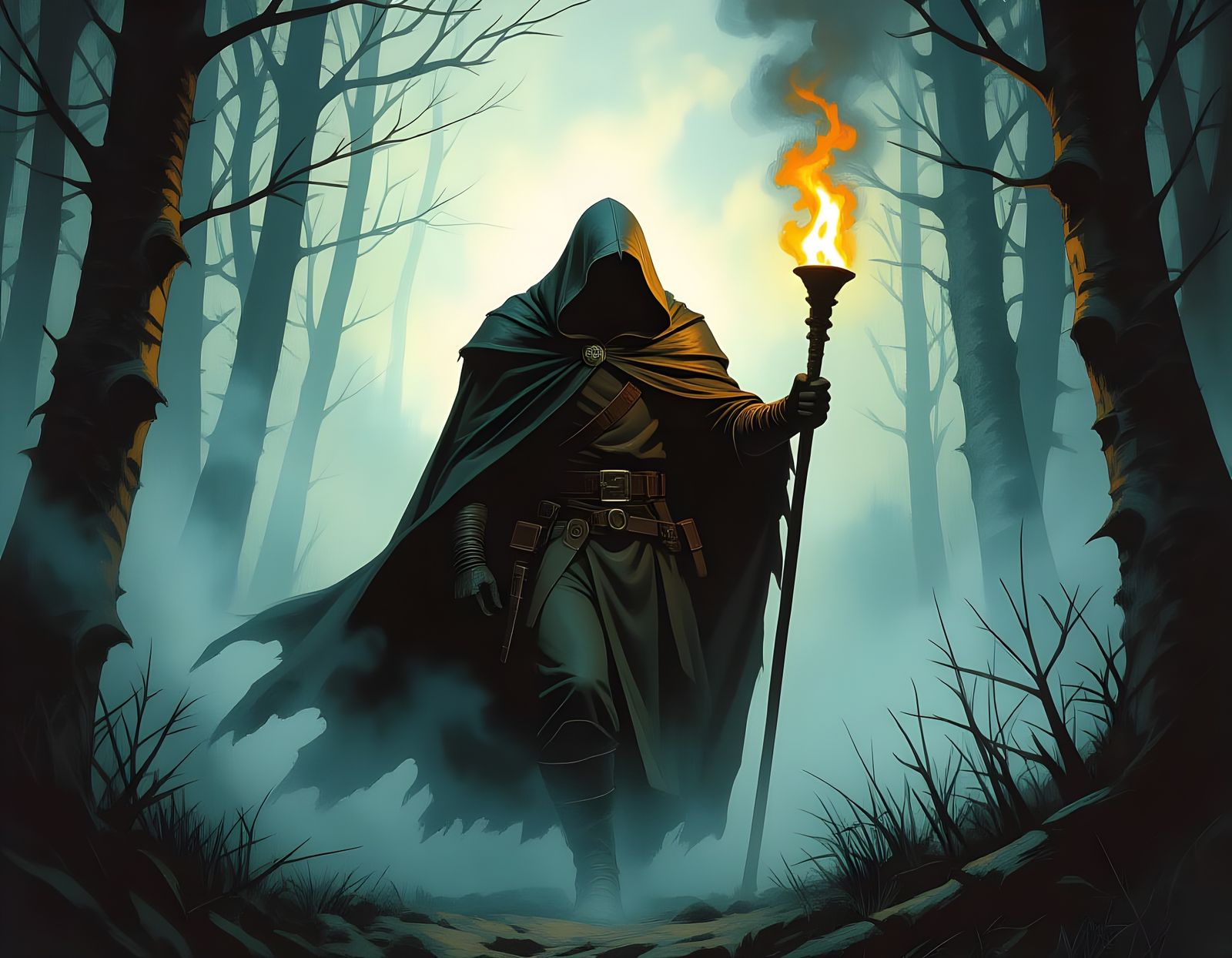 Man Emerges from Dark Forest with Burning Torch