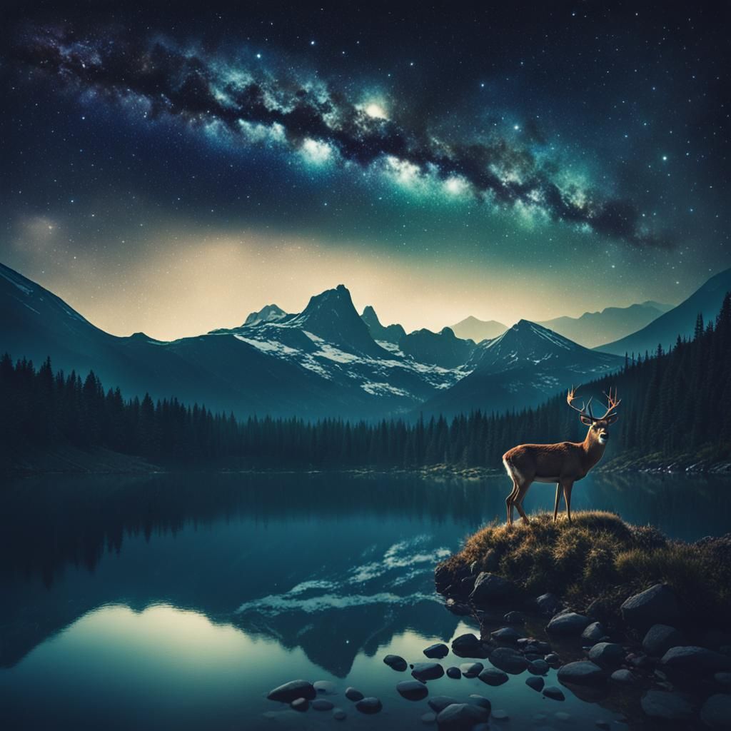 Majestic Night Sky Over Mountain Lake