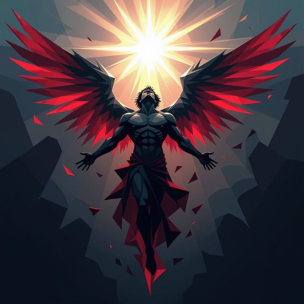Cubist Lucifer: Shattered Angel in Crimson and Shadow