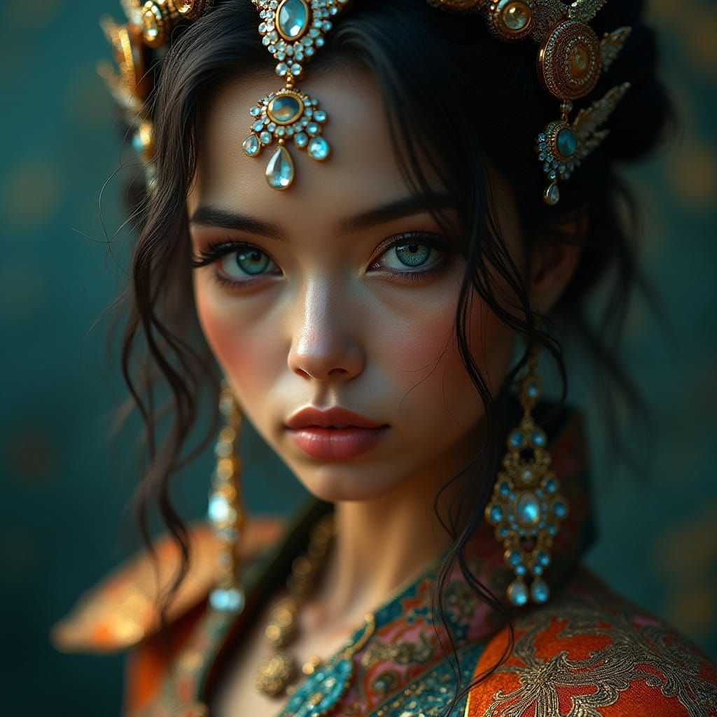 Enigmatic Woman with Iridescent Gown and Otherworldly Jewelr...