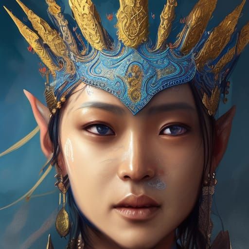 Asian Female Warrior Portrait in Elvish Armor