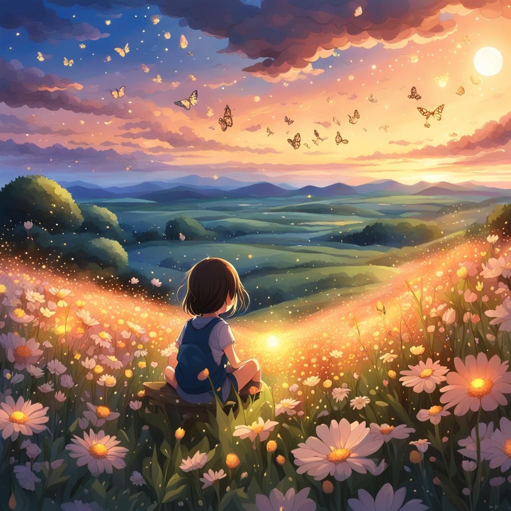 Sunset Flower Meadow with Girl, Anime Style
