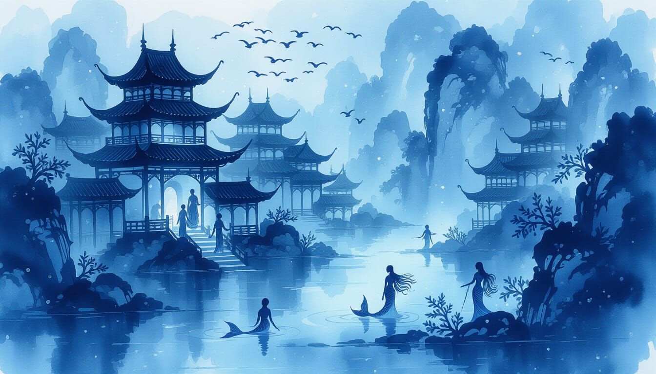 Underwater City with Mermaid in Chinese Ink Style