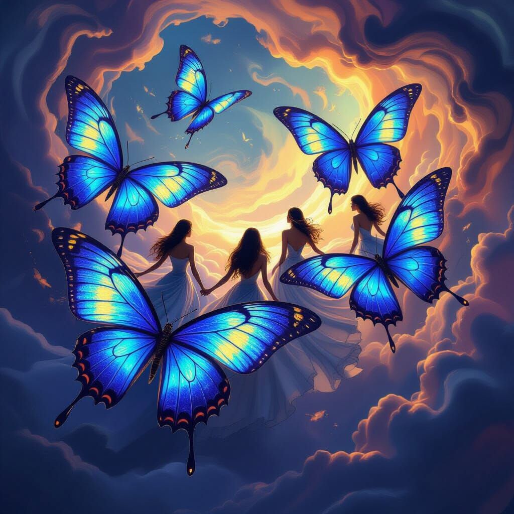 Women Riding Giant Butterflies in Dark Fantasy Sky