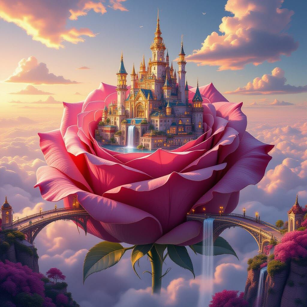 Fantasy Cityscape on a Giant Rose at Dawn
