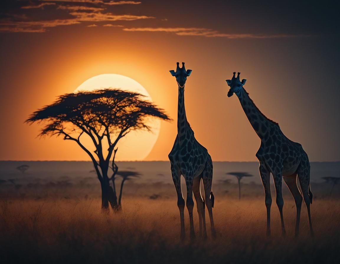 Golden Hour Serengeti Scene: Two Silhouetted Giraffes Under....