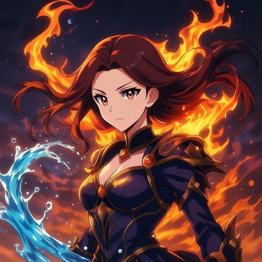 Elemental Witch with Flowing Fire, Water, and Wind Hair