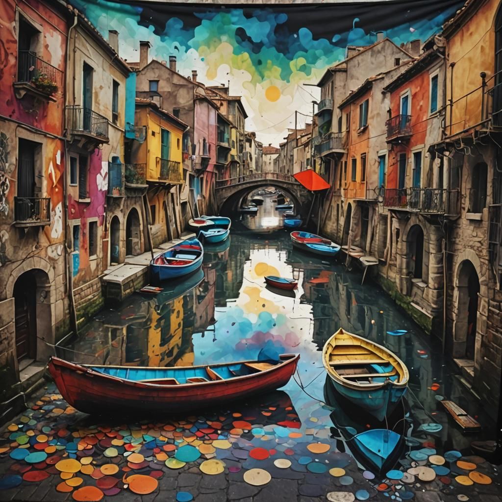 Surreal Liquid Ink Collage of Unconventional Boats in Ancien...