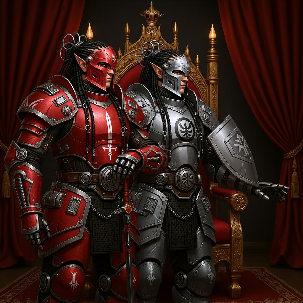 Crimson Armored Twin Warriors with Braided Hair