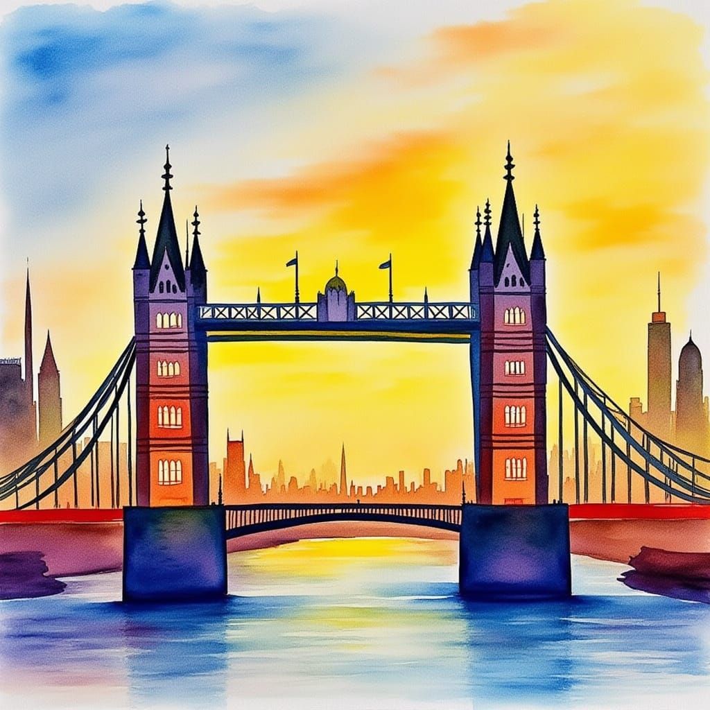 London Bridge Watercolour Painting at Golden Hour