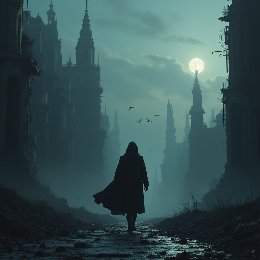 Figure Flees Ominous Presence in Ruined Cityscape