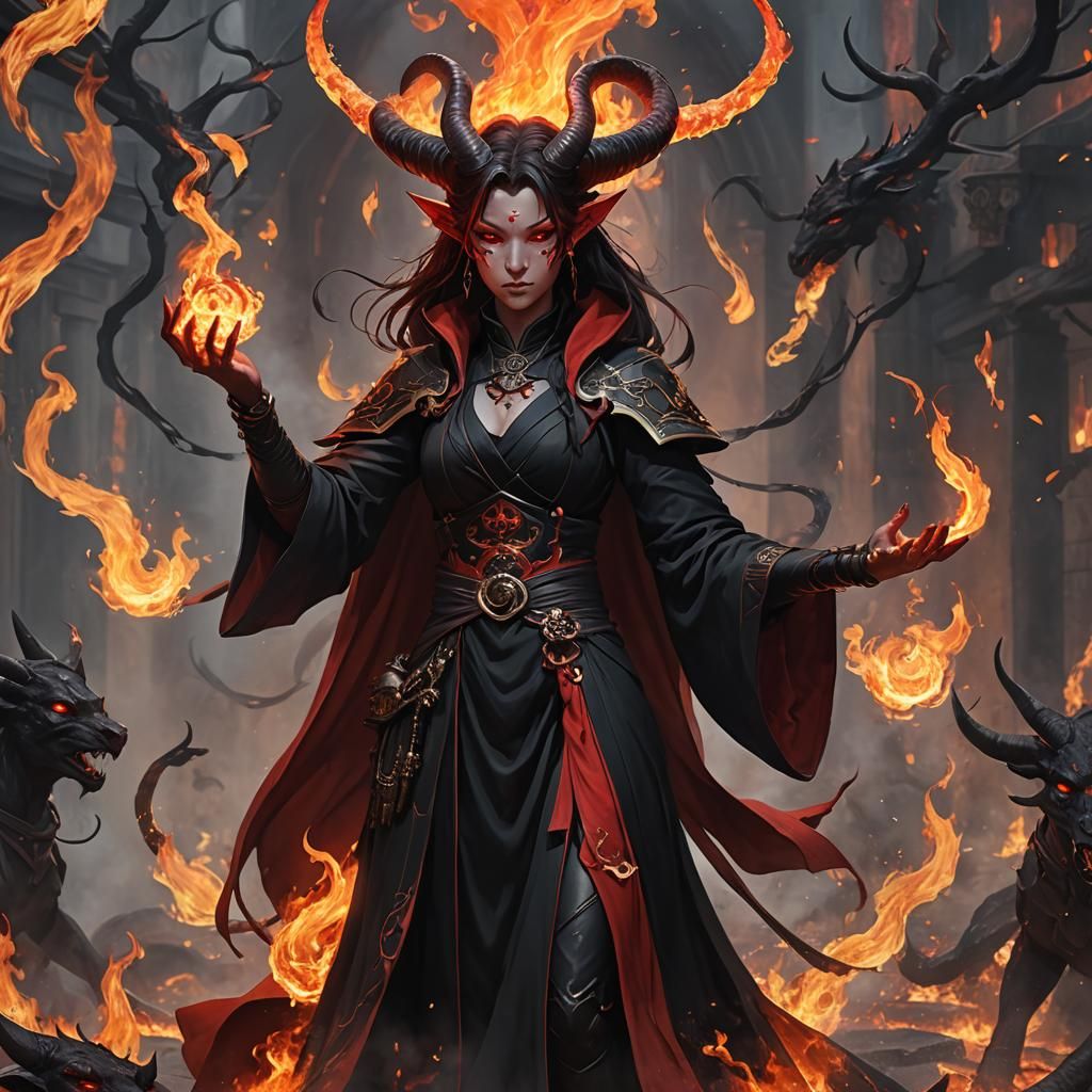 Tiefling Warlock in Fiery Summoning Ritual, Anime Art