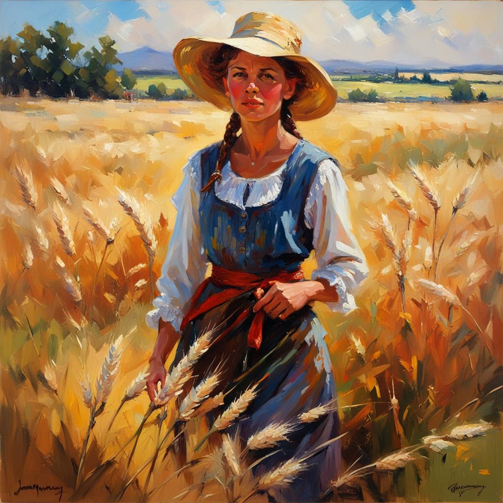 Pioneer Girl in Wheat Field, Impressionistic Oil Painting