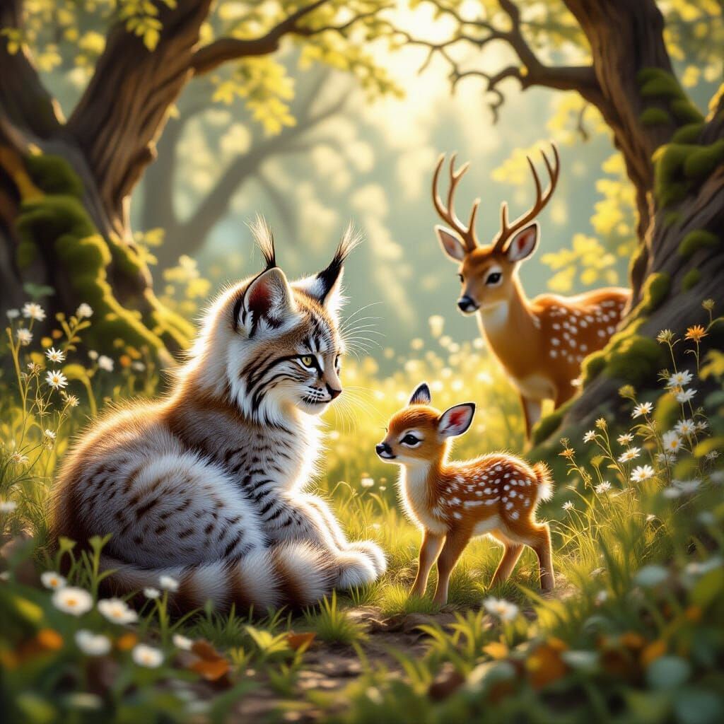 Lynx Kitten and Fawn Play in Sunlit Forest