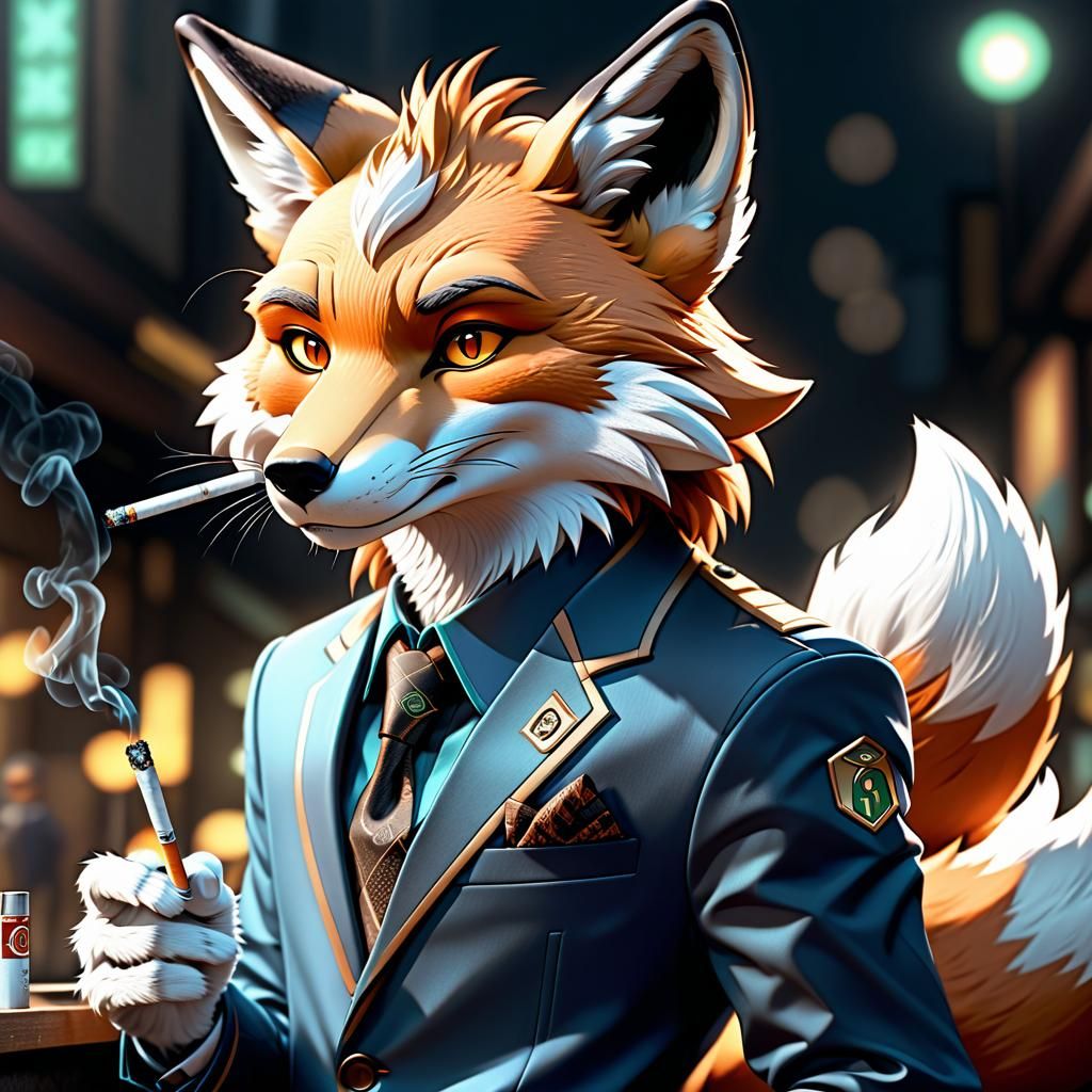 Anthropomorphic Fox Smoking in Anime Style