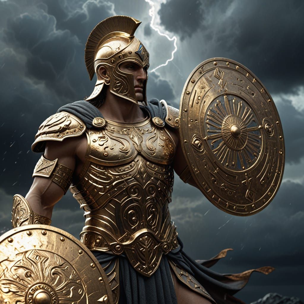 Perseus with Sword and Shield in Stormy Sky