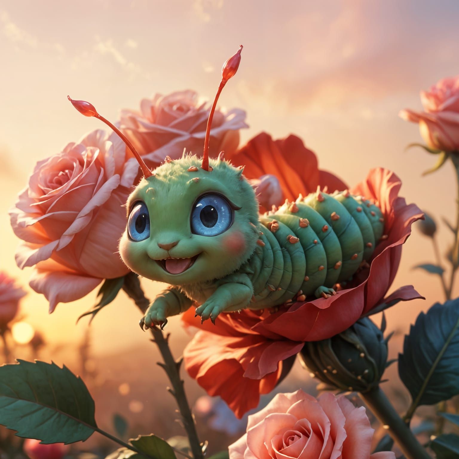Adorable Caterpillar Leaping for Rose: 3D Anime Art