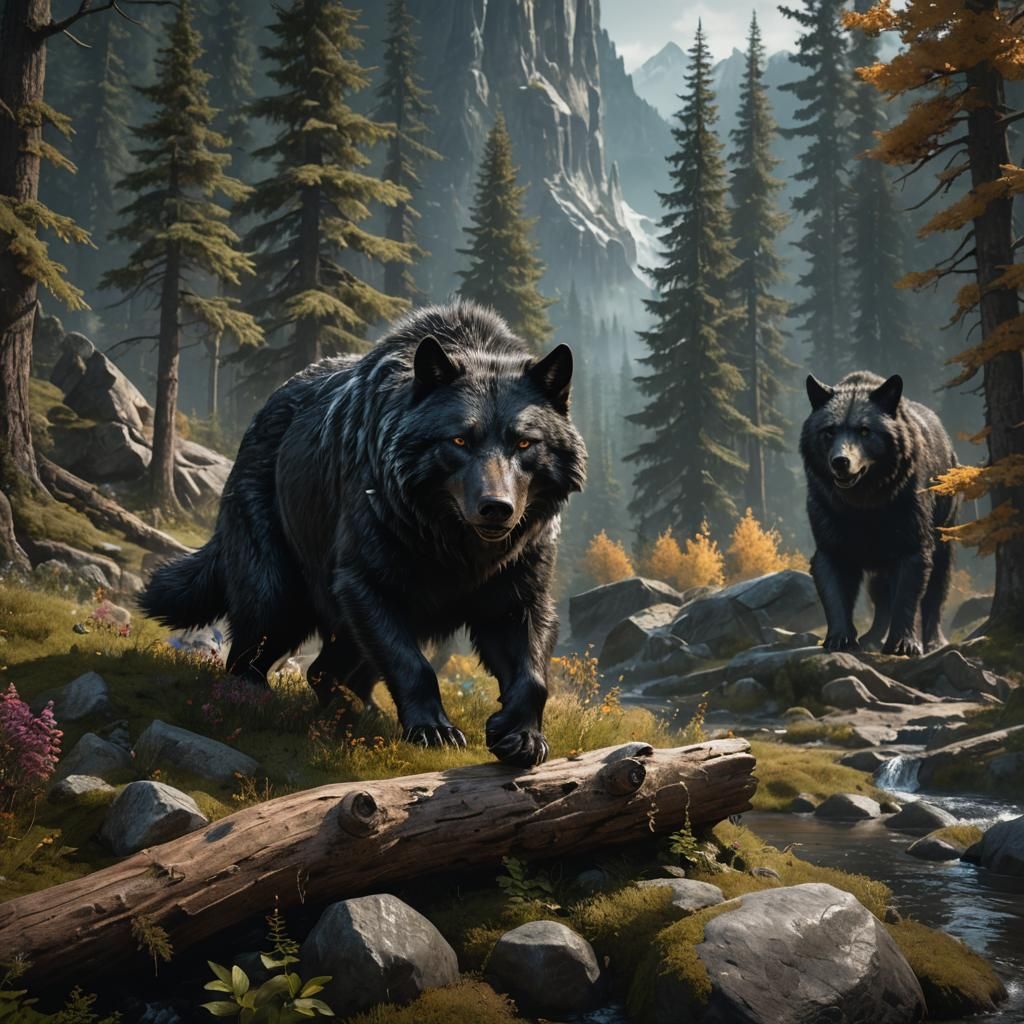 Fantastical Black Wolf Bear in Detailed Matte Painting