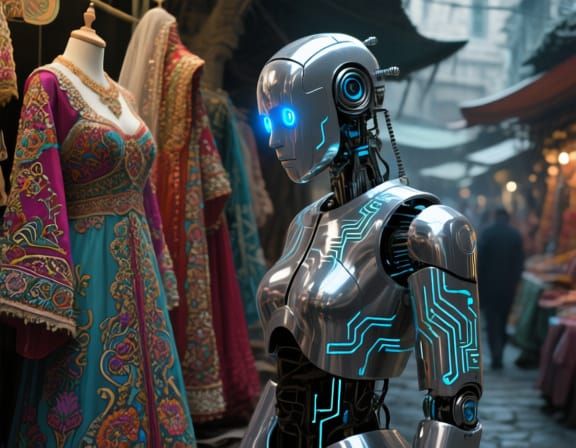 Robot in Ancient Market Reflecting Art Nouveau Bridal Costum...