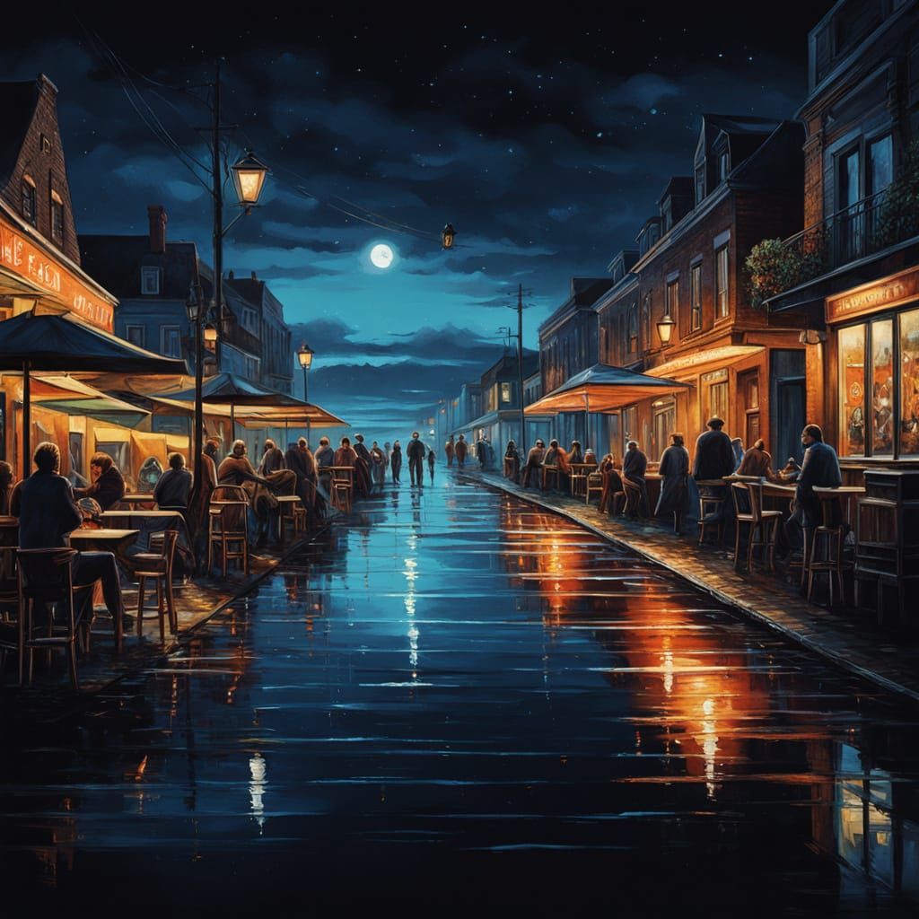 Vibrant Seaside Boulevard at Night Oil Painting