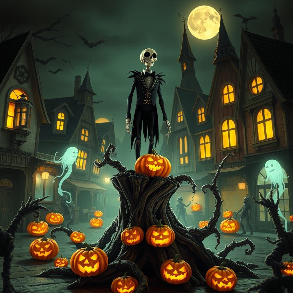 Dark Whimsy Town Square Scene by Moonlight